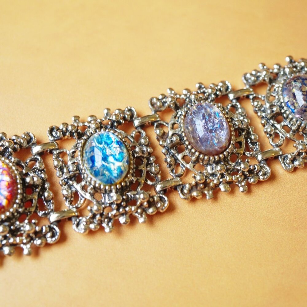 Vintage Selro Selini Style Brutalist Panel Bracelet – Foil Art Glass Cabochons - Picture 2 of 5